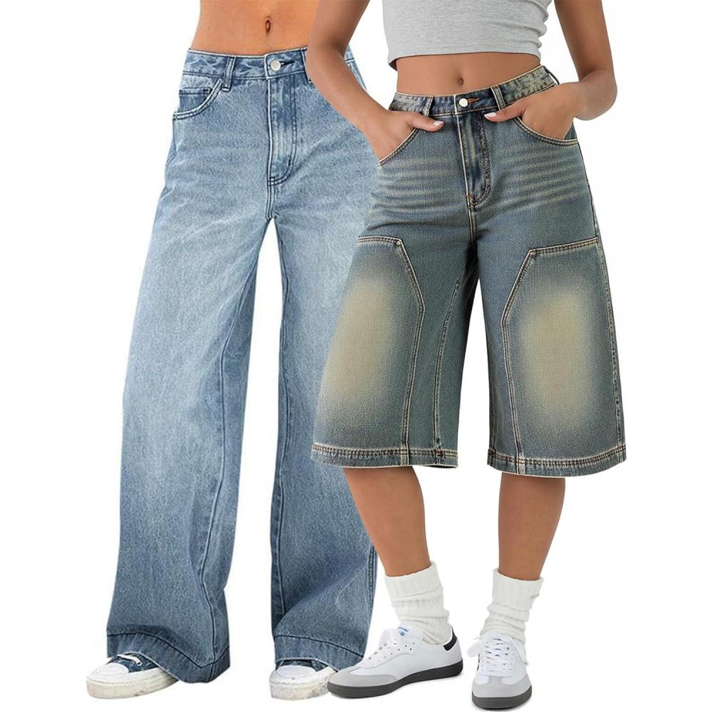 imageEMMIOL Womens 2025 Wide Leg Jeans and Y2k Vintage Wide Leg Denim Shorts
