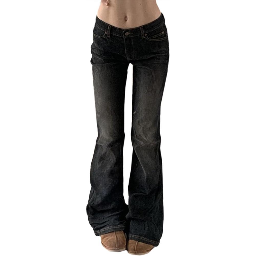imageWomen Bell Bottom Jeans Stretchy Flare Mid Rise Embroidery Vintage Denim Pants 90s Outfits Y2k ClothesBlack Solid