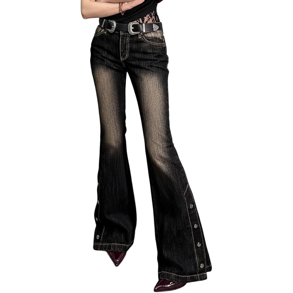 imageWomen Bell Bottom Jeans Stretchy Flare Mid Rise Embroidery Vintage Denim Pants 90s Outfits Y2k ClothesBlack With Buttons