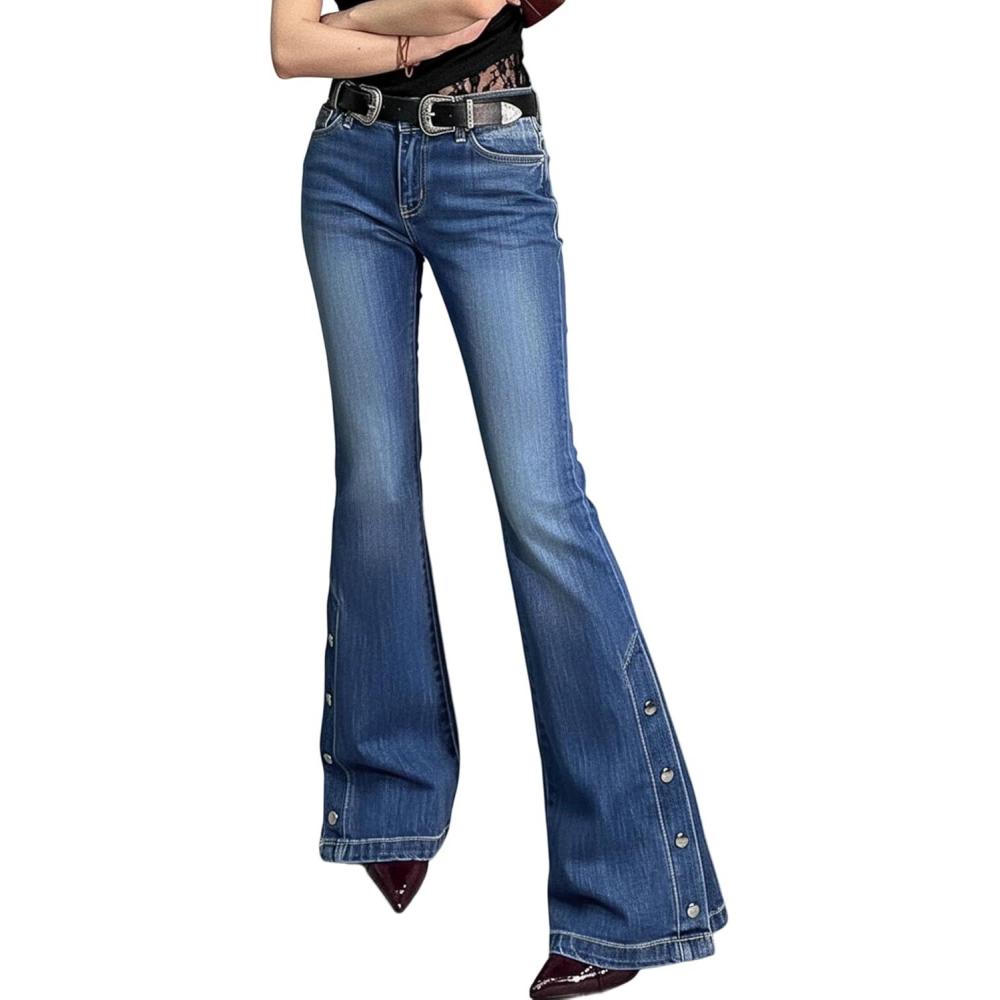 imageWomen Bell Bottom Jeans Stretchy Flare Mid Rise Embroidery Vintage Denim Pants 90s Outfits Y2k ClothesBlue With Buttons