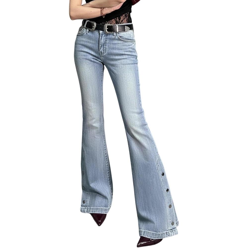 imageWomen Bell Bottom Jeans Stretchy Flare Mid Rise Embroidery Vintage Denim Pants 90s Outfits Y2k ClothesLight Blue With Buttons