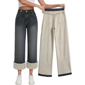 EMMIOL Jeans for Women Wide Leg Baggy Jeans Y2K Casual Loose Boyfriends Trousers Vintage Streetwear(Blue-(warm Fleece Lined))
