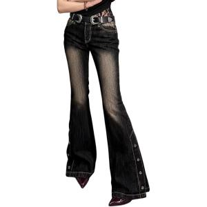 Women Bell Bottom Jeans Stretchy Flare Mid Rise Embroidery Vintage Denim Pants 90s Outfits Y2k Clothes(Black With Buttons)