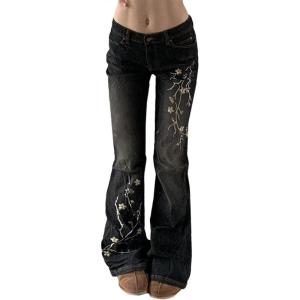Women Bell Bottom Jeans Stretchy Flare Mid Rise Embroidery Vintage Denim Pants 90s Outfits Y2k Clothes(Black With Embroidery)