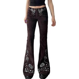 Women Bell Bottom Jeans Stretchy Flare Mid Rise Embroidery Vintage Denim Pants 90s Outfits Y2k Clothes(Brown)