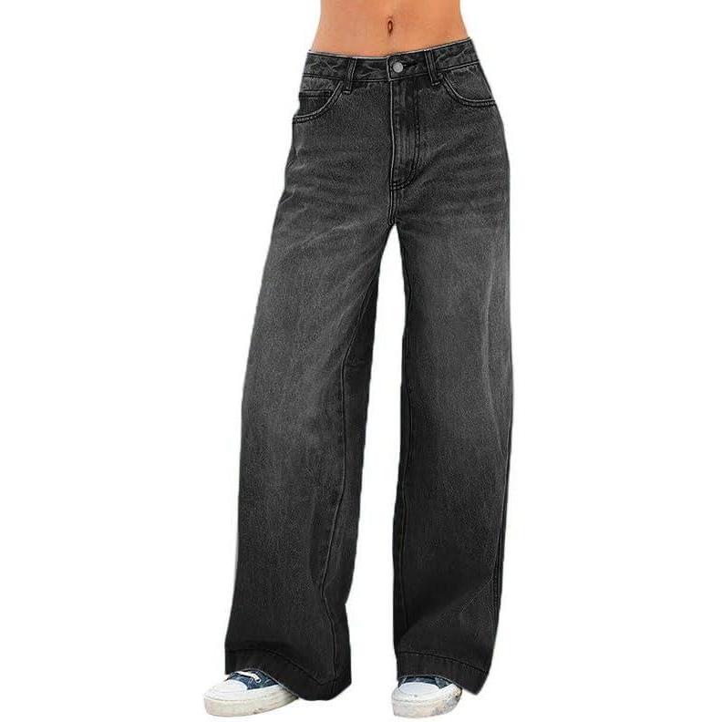 imageEMMIOL Womens 2025 Wide Leg Jeans Distress Mid Waist Denim Pants Vintage Y2K TrousersBlack