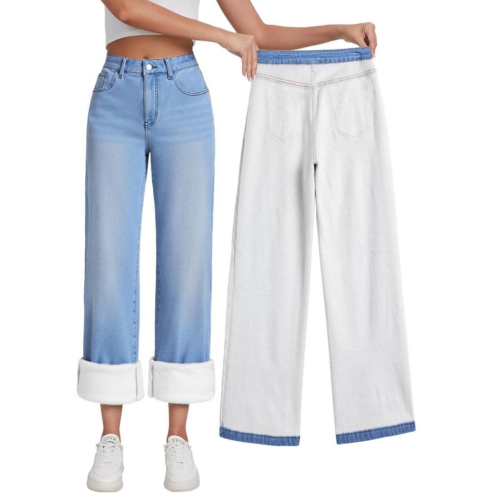 imageEMMIOL Womens 2025 Wide Leg Jeans Distress Mid Waist Denim Pants Vintage Y2K TrousersBluewarm Fleece Lined