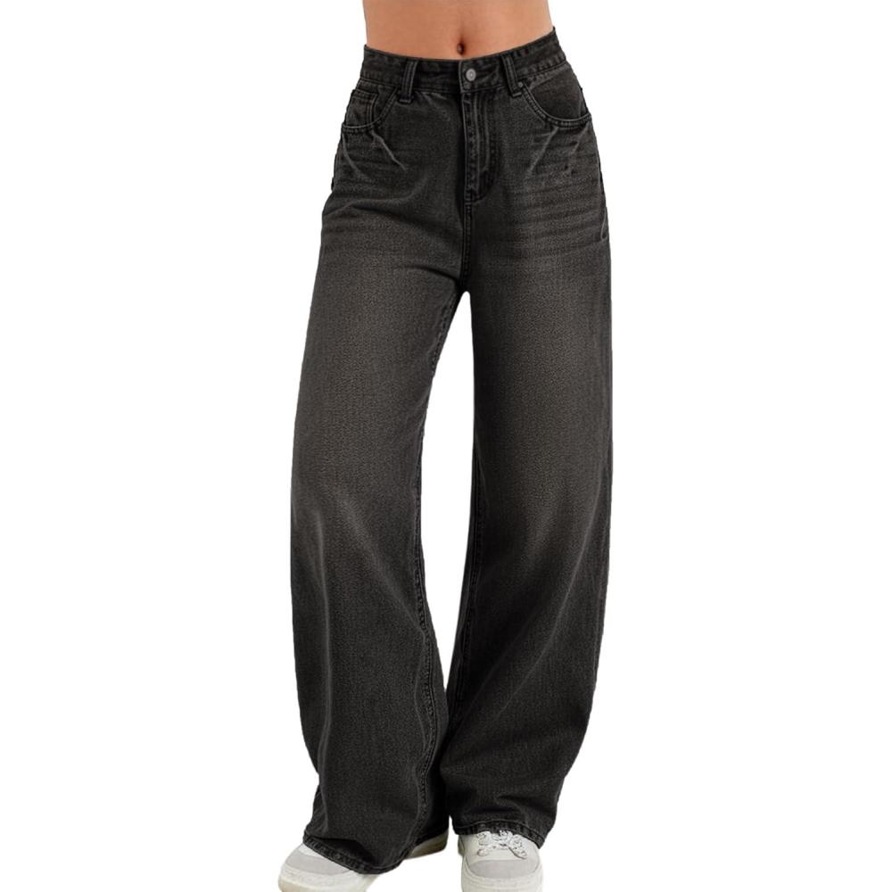 imageWomen Baggy Jeans High Waisted Loose Fit Vintage Oversized Wide Leg Long Denim Pants TrousersBb001black