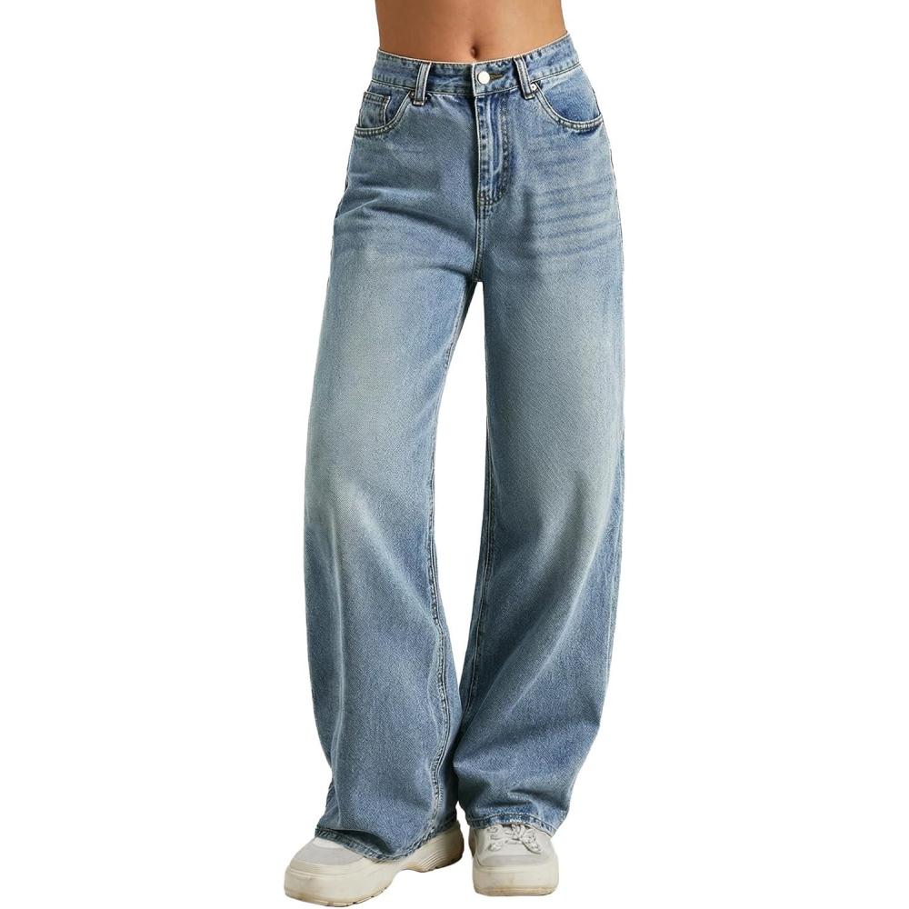 imageWomen Baggy Jeans High Waisted Loose Fit Vintage Oversized Wide Leg Long Denim Pants TrousersBb002dark Blue