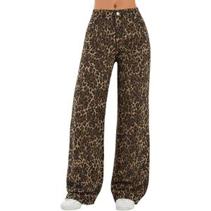 EMMIOL Women’s 2025 Wide Leg Jeans Distress Mid Waist Denim Pants Vintage Y2K Trousers(Leopard Print-style1)