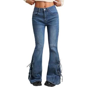Women Bell Bottom Jeans Lace Up Bow Stretch Flare Denim Pants Cute Y2k Vintage Jeans(Dark Blue)