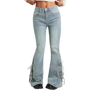 Women Bell Bottom Jeans Lace Up Bow Stretch Flare Denim Pants Cute Y2k Vintage Jeans(Retro Blue)