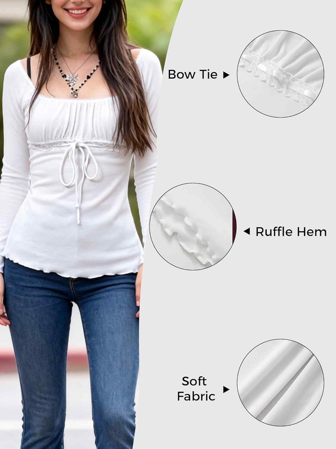 image:imageY2K Mesh Top Women Long Sleeve Shirts Scoop Neck Ruffle Hem Babydoll BlouseWhite