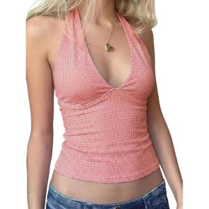 EMMIOL Halter Tops for Women Summer Crop Deep V Neck Blackless Tank Top Going Out Y2k Coquette Clothes(Pink Plaid 02)