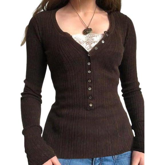 image:imageEMMIOL Long Sleeve Henley Shirts for Womens V Neck Button Ribbed Knit Tops Slim Fit Casual Trendy Lace Tunics Blouse3brownthick