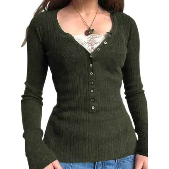 image:imageEMMIOL Long Sleeve Henley Shirts for Womens V Neck Button Ribbed Knit Tops Slim Fit Casual Trendy Lace Tunics Blouse3dark Greenthick