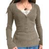 EMMIOL Long Sleeve Henley Shirts for Womens – V Neck Button Ribbed Knit Tops Slim Fit Casual Trendy Lace Tunics Blouse(2-khaki)