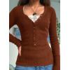 EMMIOL Long Sleeve Henley Shirts for Womens – V Neck Button Ribbed Knit Tops Slim Fit Casual Trendy Lace Tunics Blouse(2-red Brown)
