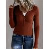 EMMIOL Long Sleeve Henley Shirts for Womens – V Neck Button Ribbed Knit Tops Slim Fit Casual Trendy Lace Tunics Blouse(2-red Brown)