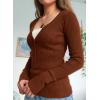 EMMIOL Long Sleeve Henley Shirts for Womens – V Neck Button Ribbed Knit Tops Slim Fit Casual Trendy Lace Tunics Blouse(3-red Brown(thick）)