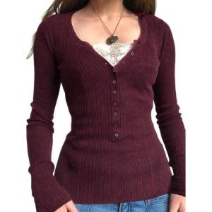 EMMIOL Long Sleeve Henley Shirts for Womens – V Neck Button Ribbed Knit Tops Slim Fit Casual Trendy Lace Tunics Blouse(3-wine Red(thick）)