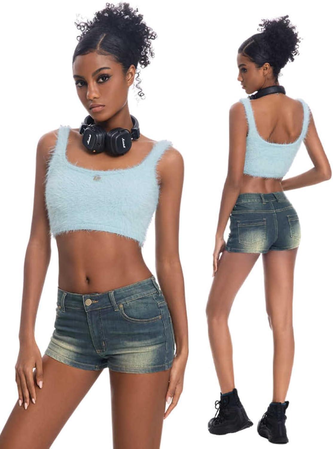 image:imageEMMIOL Women Sexy Jean Shorts Low Waisted Stretchy Y2K Denim Shorts Summer Trendy JortsVintage Blue041