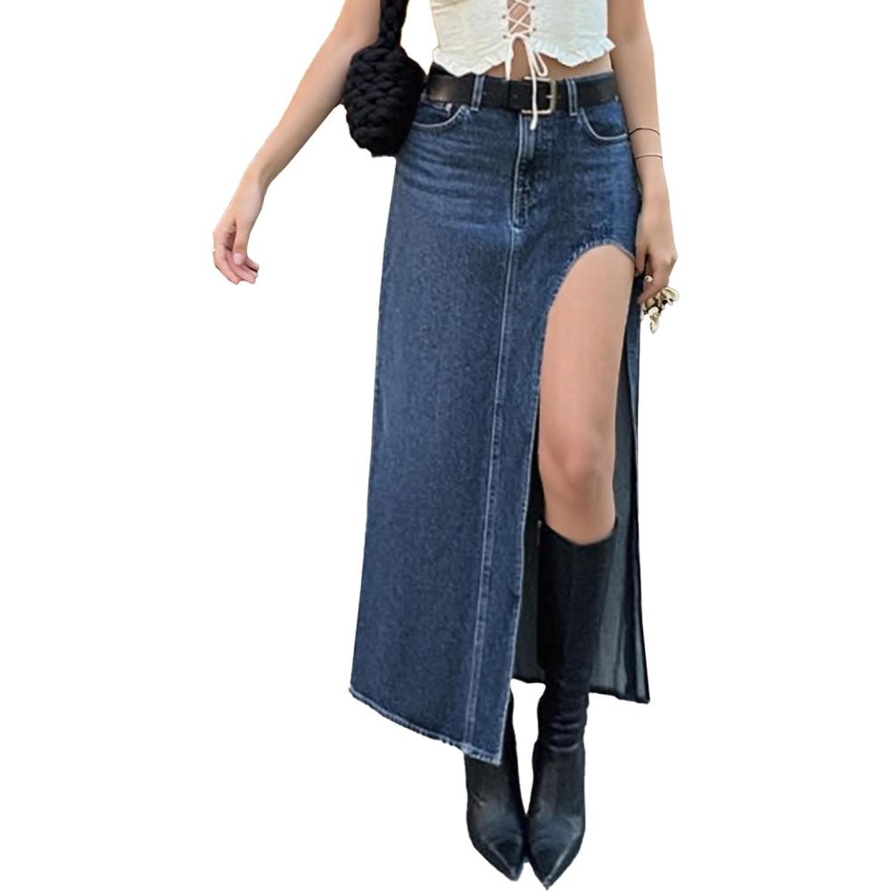 image:imageEMMIOL Jean Maxi Skirts for Women Side Slit Sexy Dress 2025 Fall Trendy Sexy Denim Long SkirtDark Blue