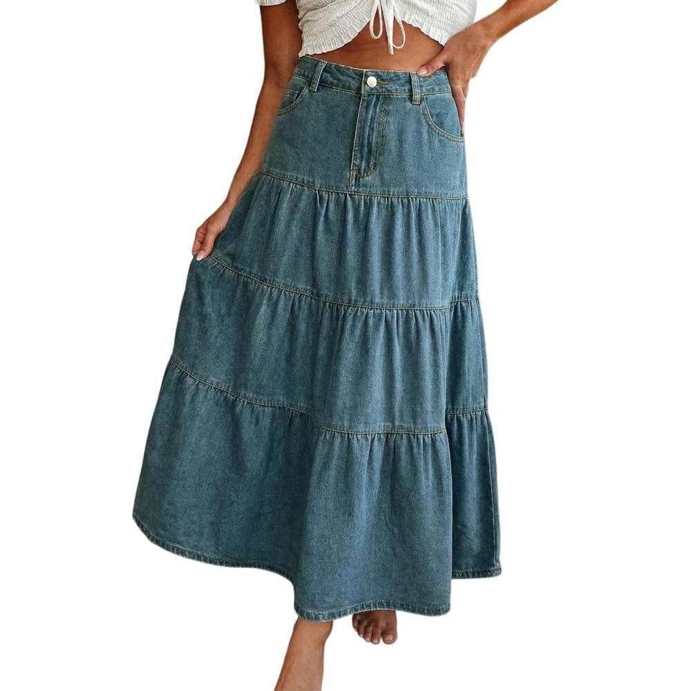 image:imageEMMIOL Long Denim Skirt for Women Mid High Waisted ALine Jean Maxi Skirts Dark Wash Tiered Swing Jean Skirt with PocketsBlue