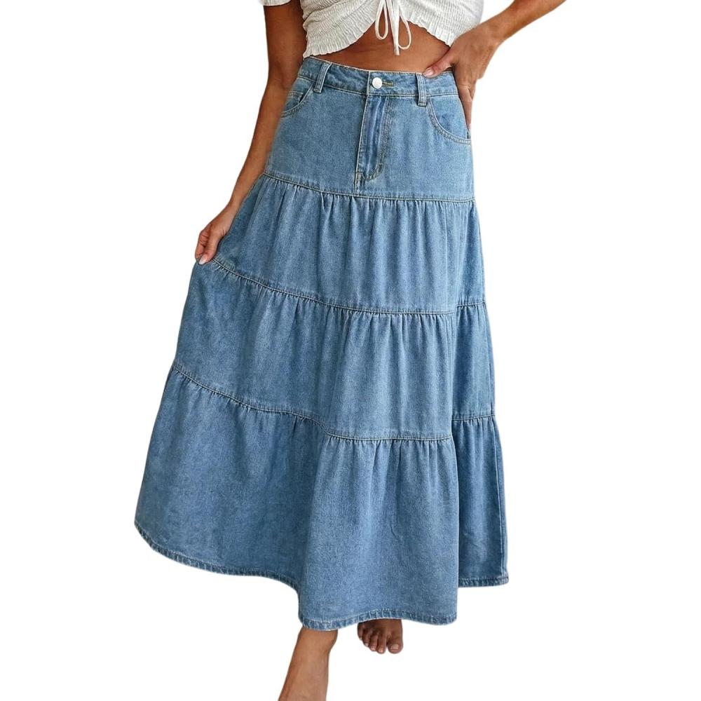 image:imageEMMIOL Long Denim Skirt for Women Mid High Waisted ALine Jean Maxi Skirts Dark Wash Tiered Swing Jean Skirt with PocketsLight Blue