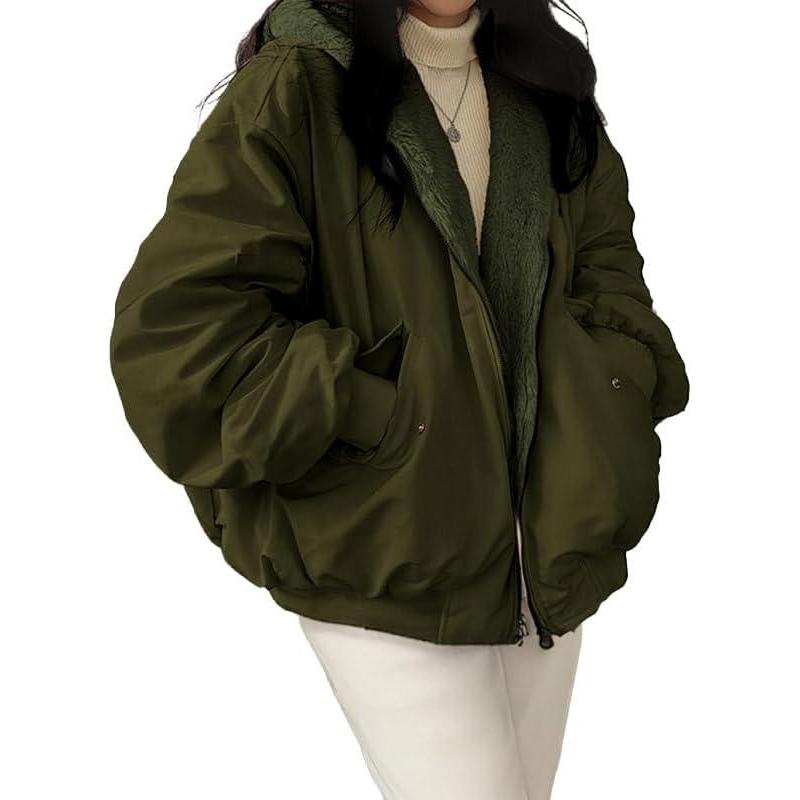 image:imageEMMIOL Womens Winter Coats Hooded Fleece Puffer Reversible Long Sleeve Oversized Full Zipper Warm JacketsArmy Green