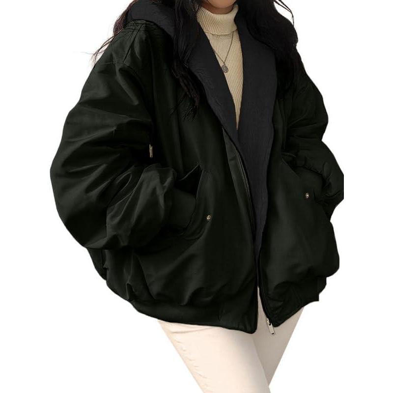 image:imageEMMIOL Womens Winter Coats Hooded Fleece Puffer Reversible Long Sleeve Oversized Full Zipper Warm JacketsGrey