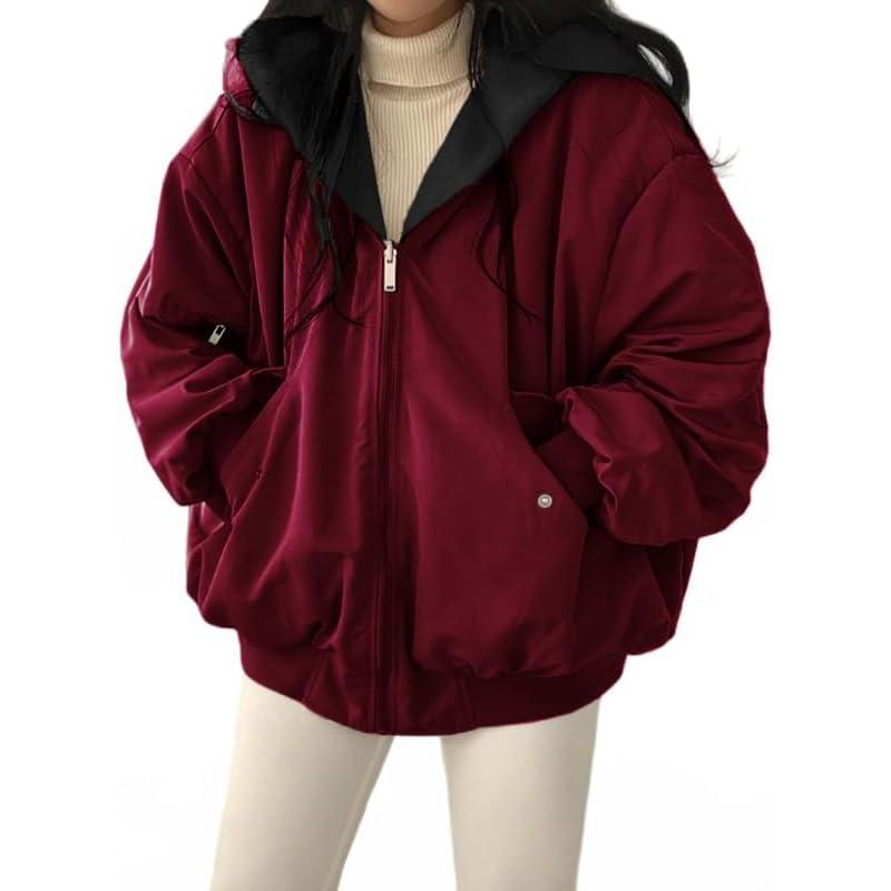 image:imageEMMIOL Womens Winter Coats Hooded Fleece Puffer Reversible Long Sleeve Oversized Full Zipper Warm JacketsRed