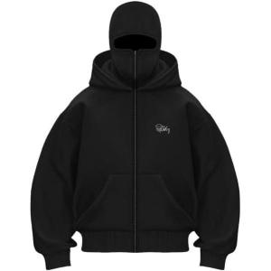 EMMIOL Balaclava Full Zip Hoodie With Built-In Wind Proof Mask Long Sleeve Pullover Sweatshirt With Pocket(A-black)