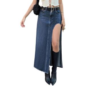 EMMIOL Jean Maxi Skirts for Women Side Slit Sexy Dress 2025 Fall Trendy Sexy Denim Long Skirt(Dark Blue)