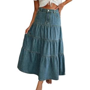 EMMIOL Long Denim Skirt for Women – Mid High Waisted A-Line Jean Maxi Skirts Dark Wash Tiered Swing Jean Skirt with Pockets(Blue)