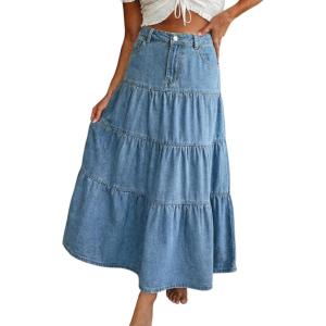 EMMIOL Long Denim Skirt for Women – Mid High Waisted A-Line Jean Maxi Skirts Dark Wash Tiered Swing Jean Skirt with Pockets(Light Blue)