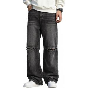 EMMIOL Men’s Baggy Jeans, Y2K Straight Leg Denim Pants, Loose Fit Skater Ripped Vintage Relaxed Long Streetwear(Black)