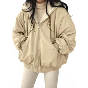 EMMIOL Womens Winter Coats Hooded Fleece Puffer Reversible Long Sleeve Oversized Full Zipper Warm Jackets(Apricot)
