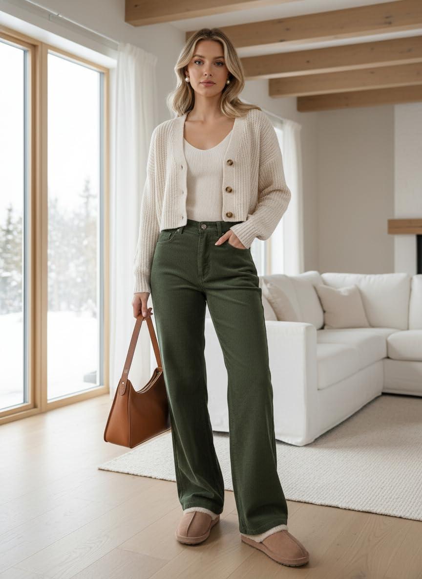 image:imageEMMIOL Corduroy Wide Leg Pants Women Casual Winter 2025 Elastic Waist Vintage Loose Trousers with PocketsArmy Green