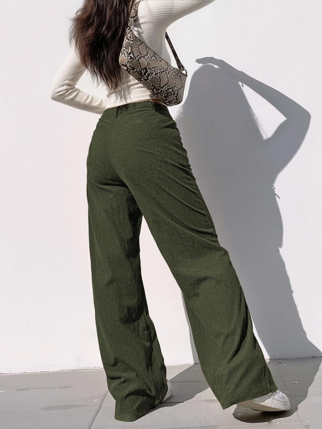 image:imageEMMIOL Corduroy Wide Leg Pants Women Casual Winter 2025 Elastic Waist Vintage Loose Trousers with PocketsArmy Green