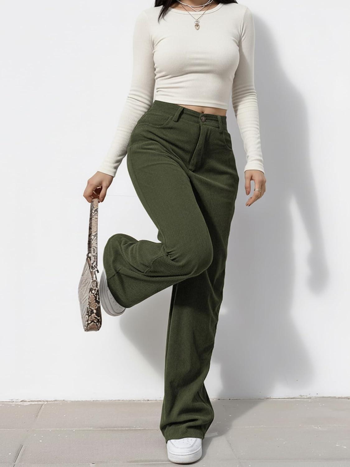image:imageEMMIOL Corduroy Wide Leg Pants Women Casual Winter 2025 Elastic Waist Vintage Loose Trousers with PocketsArmy Green