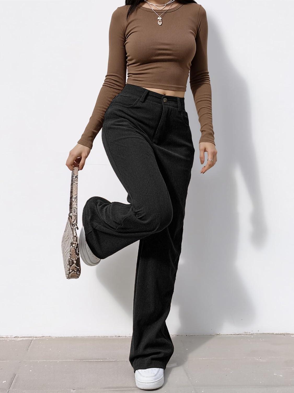 image:imageEMMIOL Corduroy Wide Leg Pants Women Casual Winter 2025 Elastic Waist Vintage Loose Trousers with PocketsBlack