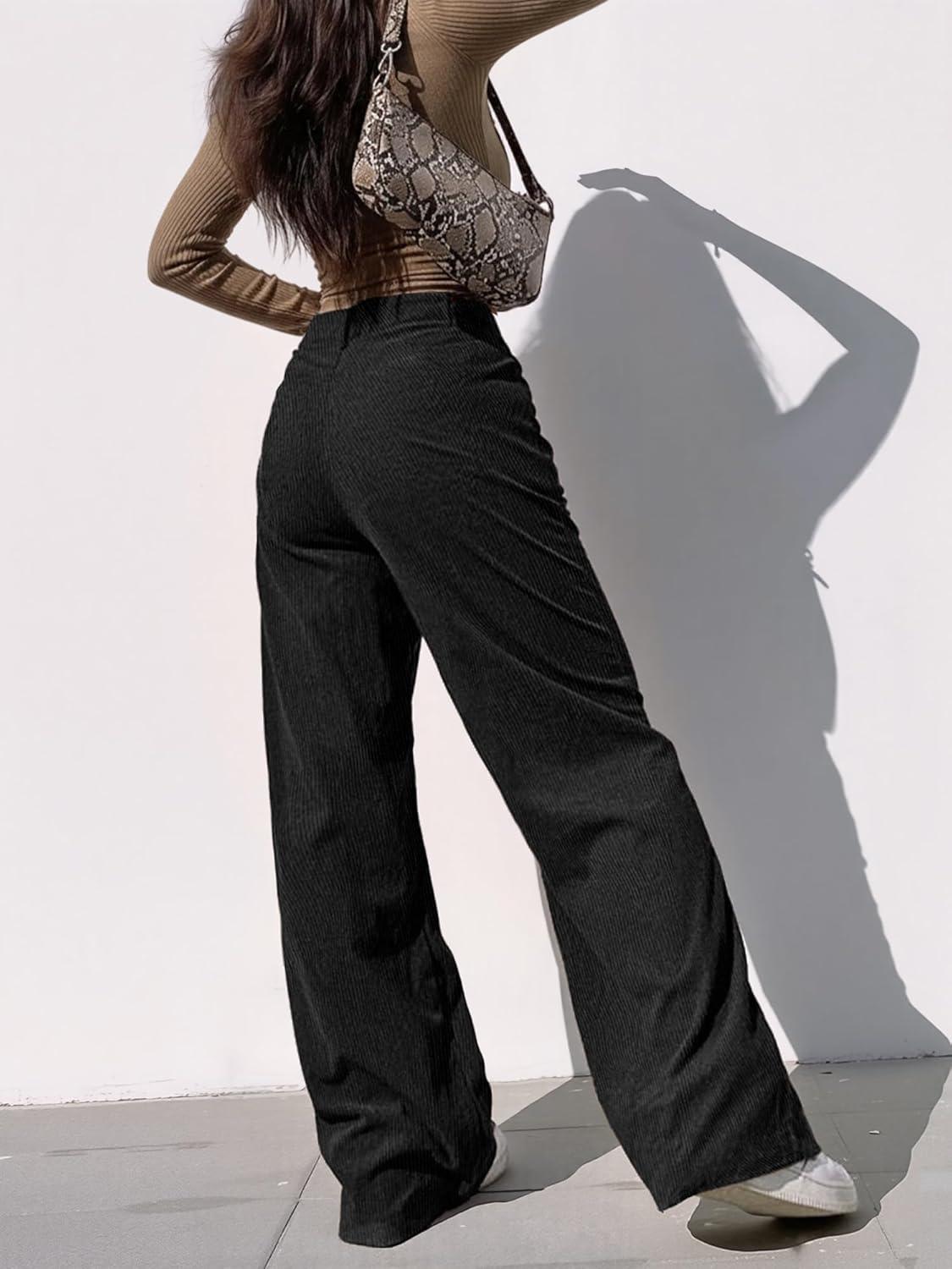 image:imageEMMIOL Corduroy Wide Leg Pants Women Casual Winter 2025 Elastic Waist Vintage Loose Trousers with PocketsBlack