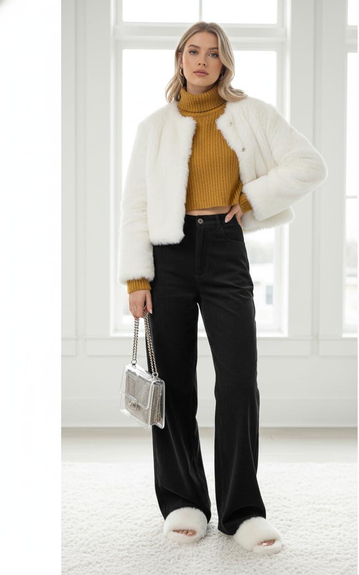image:imageEMMIOL Corduroy Wide Leg Pants Women Casual Winter 2025 Elastic Waist Vintage Loose Trousers with PocketsBlack