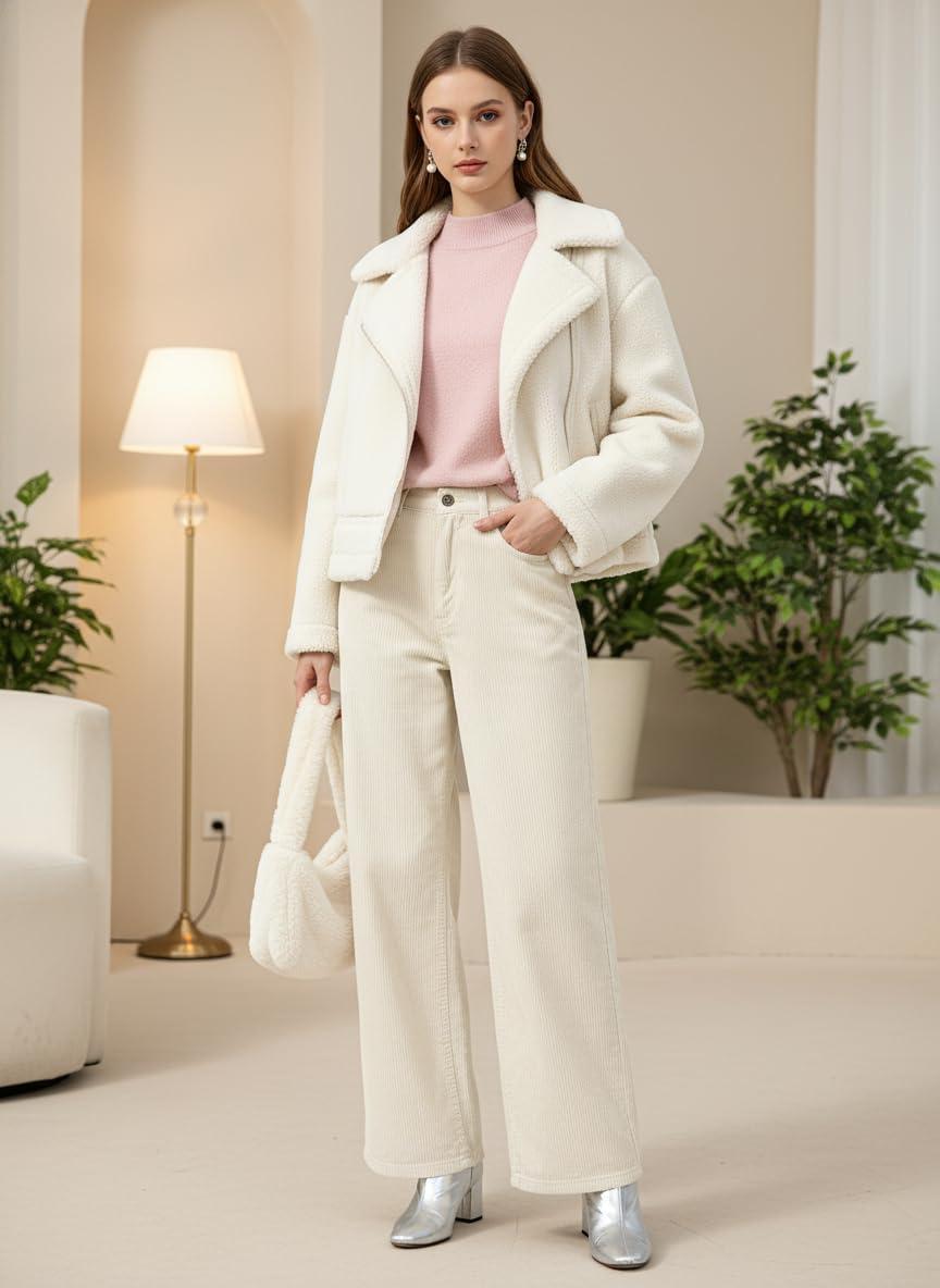 image:imageEMMIOL Corduroy Wide Leg Pants Women Casual Winter 2025 Elastic Waist Vintage Loose Trousers with PocketsCream White