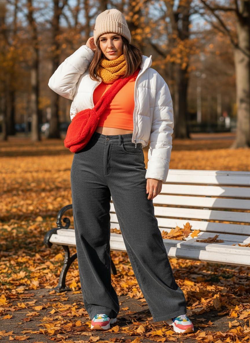 image:imageEMMIOL Corduroy Wide Leg Pants Women Casual Winter 2025 Elastic Waist Vintage Loose Trousers with PocketsGrey