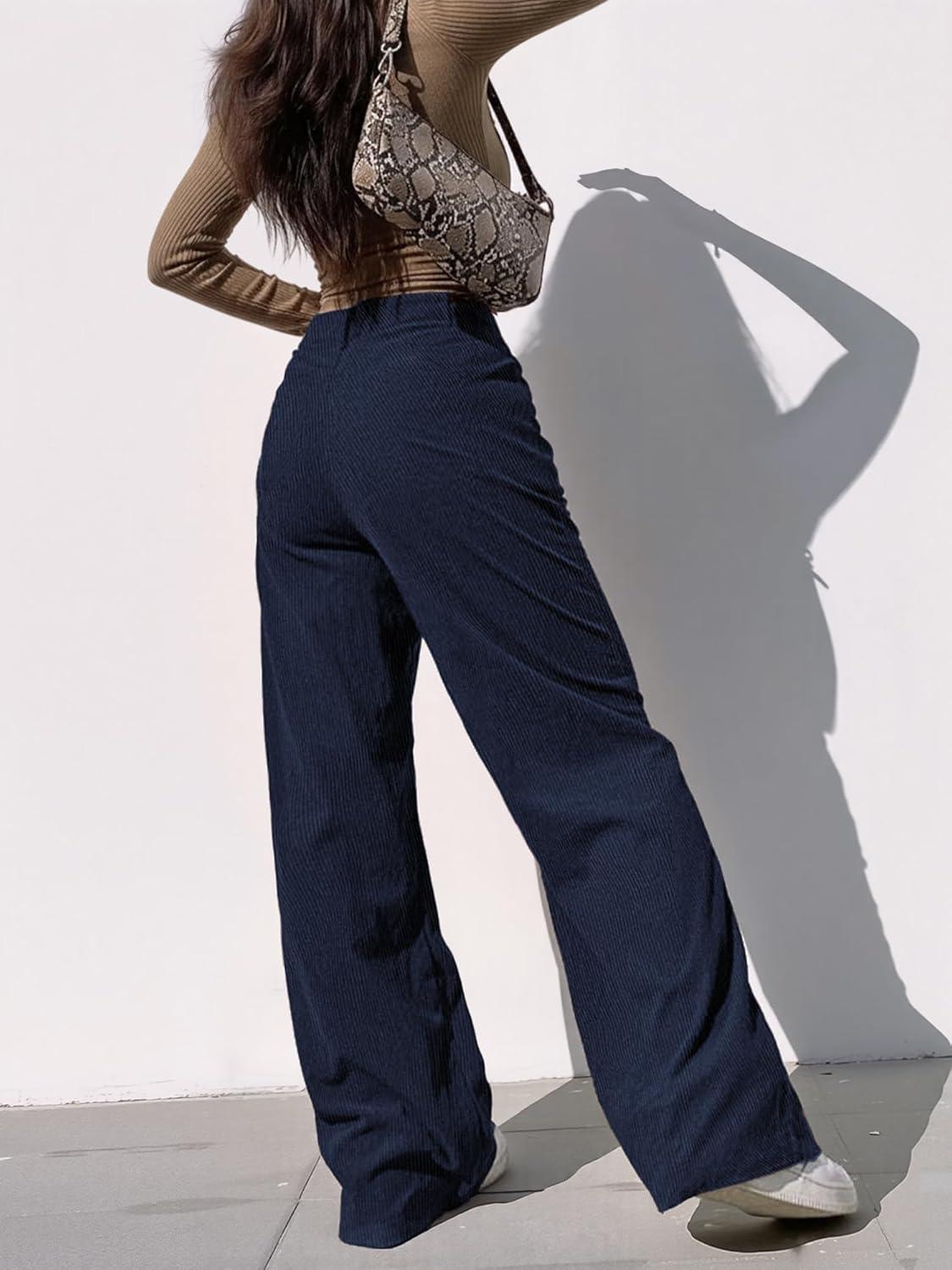 image:imageEMMIOL Corduroy Wide Leg Pants Women Casual Winter 2025 Elastic Waist Vintage Loose Trousers with PocketsNavy Blue