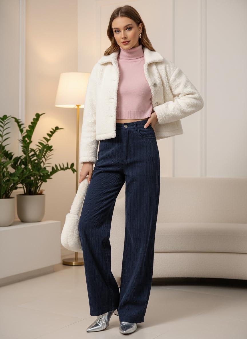 image:imageEMMIOL Corduroy Wide Leg Pants Women Casual Winter 2025 Elastic Waist Vintage Loose Trousers with PocketsNavy Blue