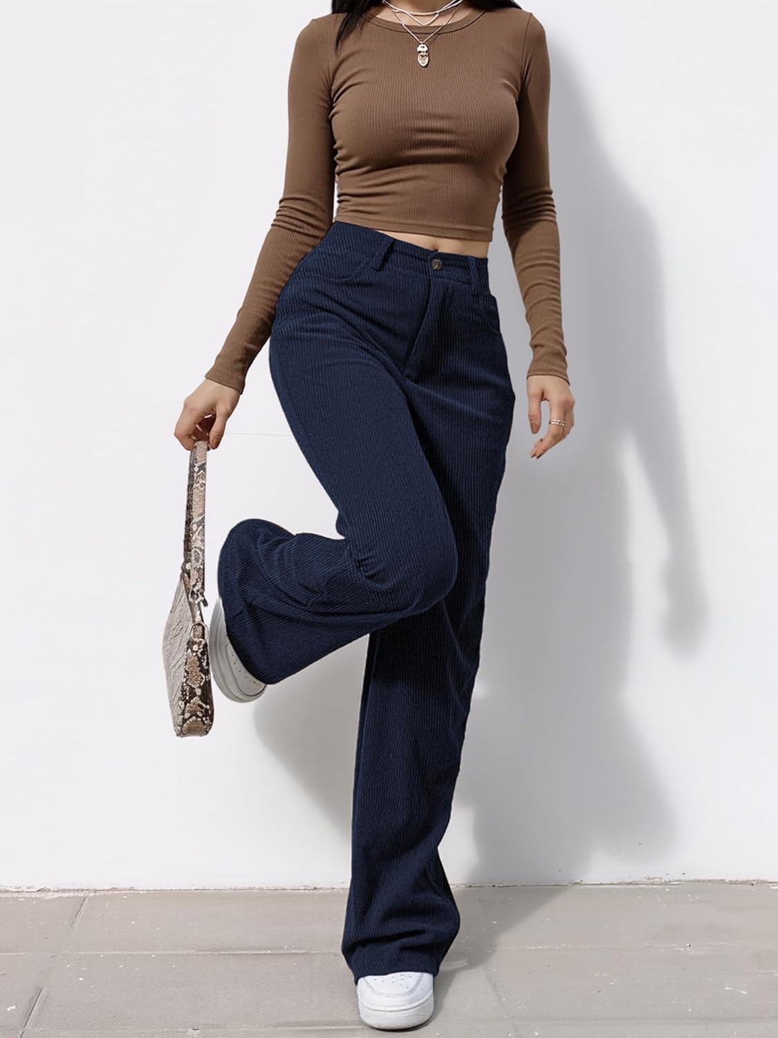 image:imageEMMIOL Corduroy Wide Leg Pants Women Casual Winter 2025 Elastic Waist Vintage Loose Trousers with PocketsNavy Blue