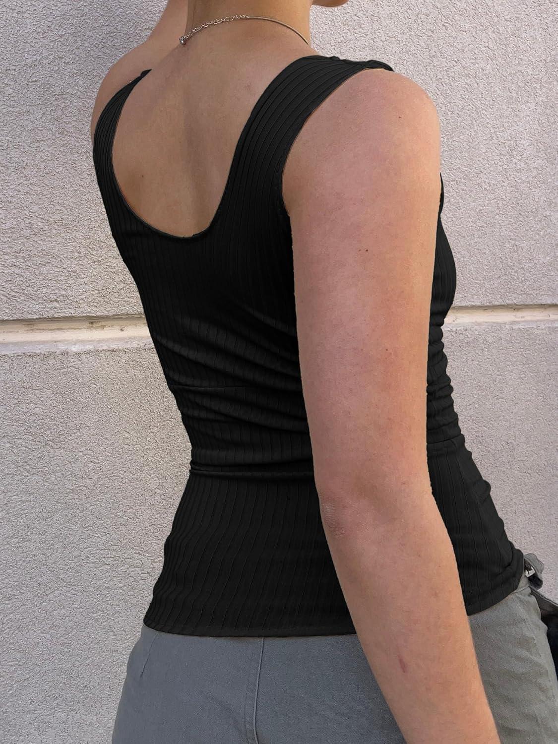 image:imageEMMIOL Womens V Neck Ribbed Crop Tank Tops Sleeveless Ruched Going Out Y2K Sexy Top Summer OutfitsBlack